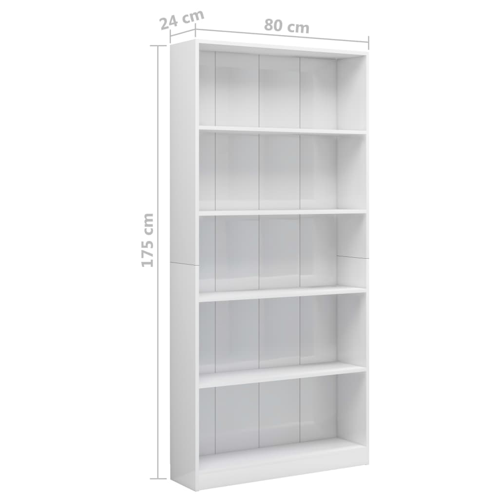 vidaXL 5-Tier Book Cabinet High Gloss White 31.5" x 9.4" x 68.9" Engineered Wood