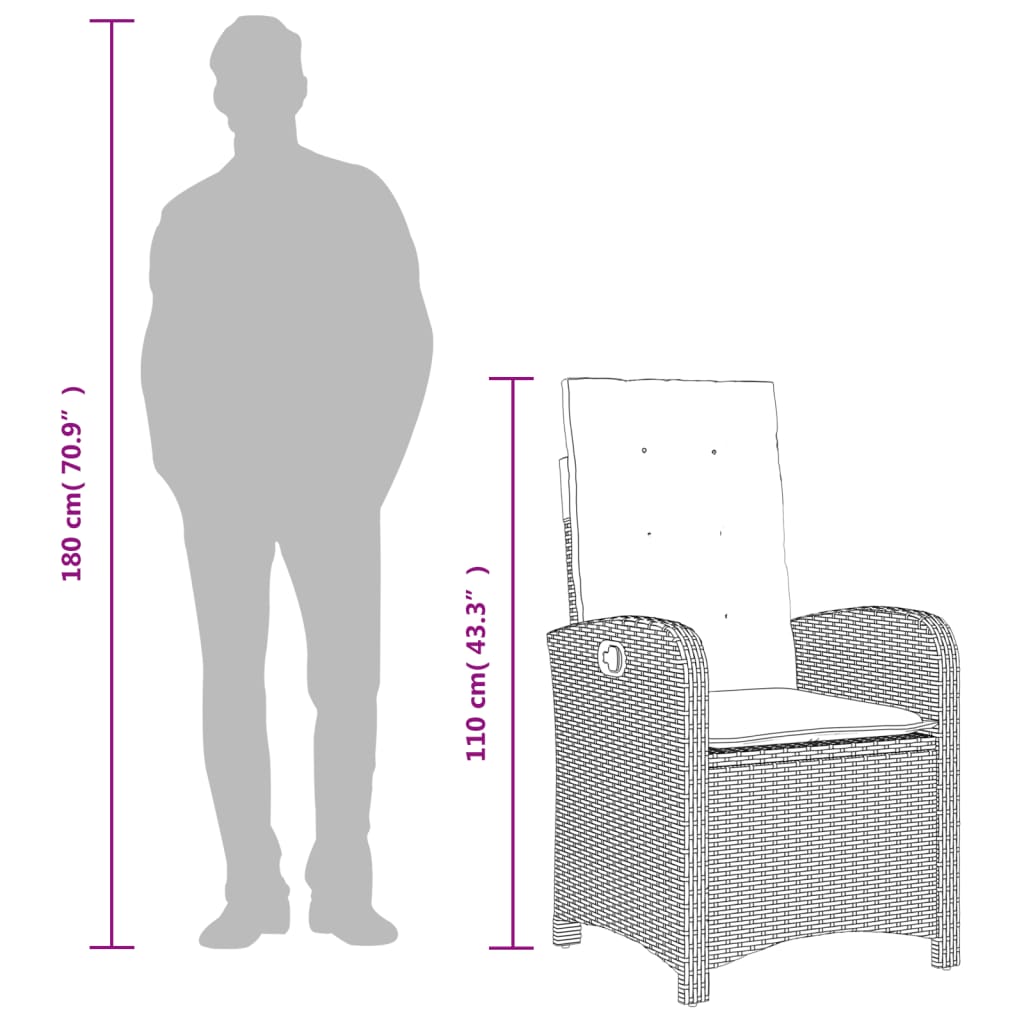 vidaXL Reclining Patio Chairs 2 pcs with Cushions Gray Poly Rattan