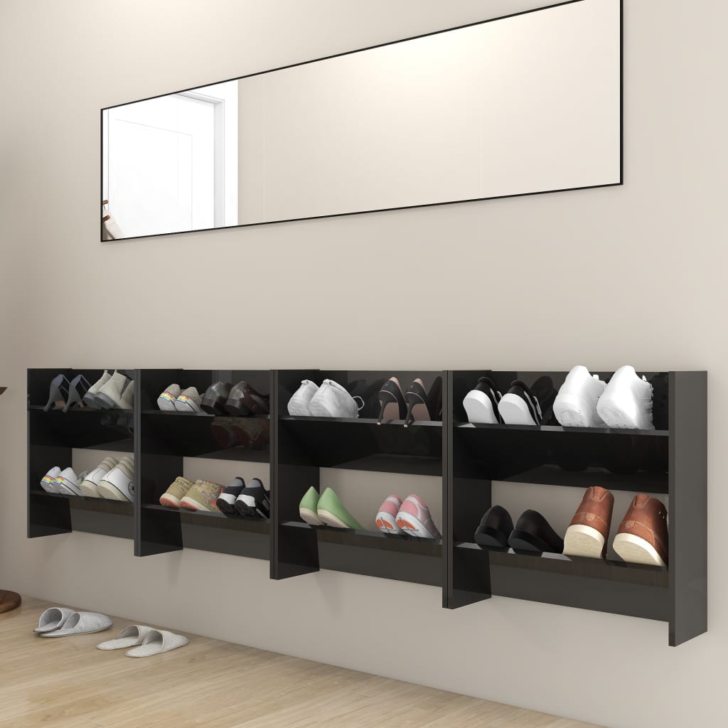 vidaXL Wall Shoe Cabinets 4 pcs High Gloss Black 23.6"x7.1"x23.6" Engineered Wood