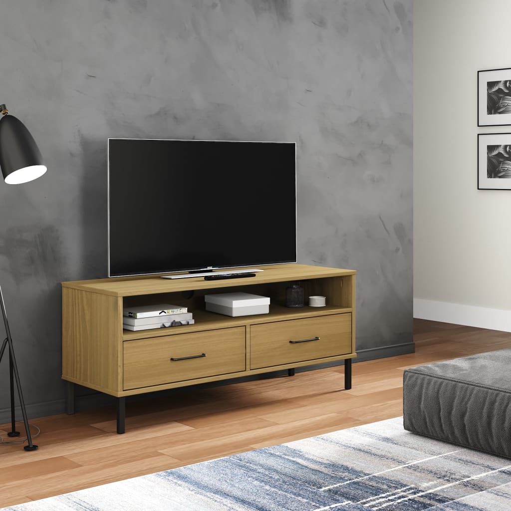 vidaXL TV Stand with Metal Legs Brown Solid Wood Pine OSLO