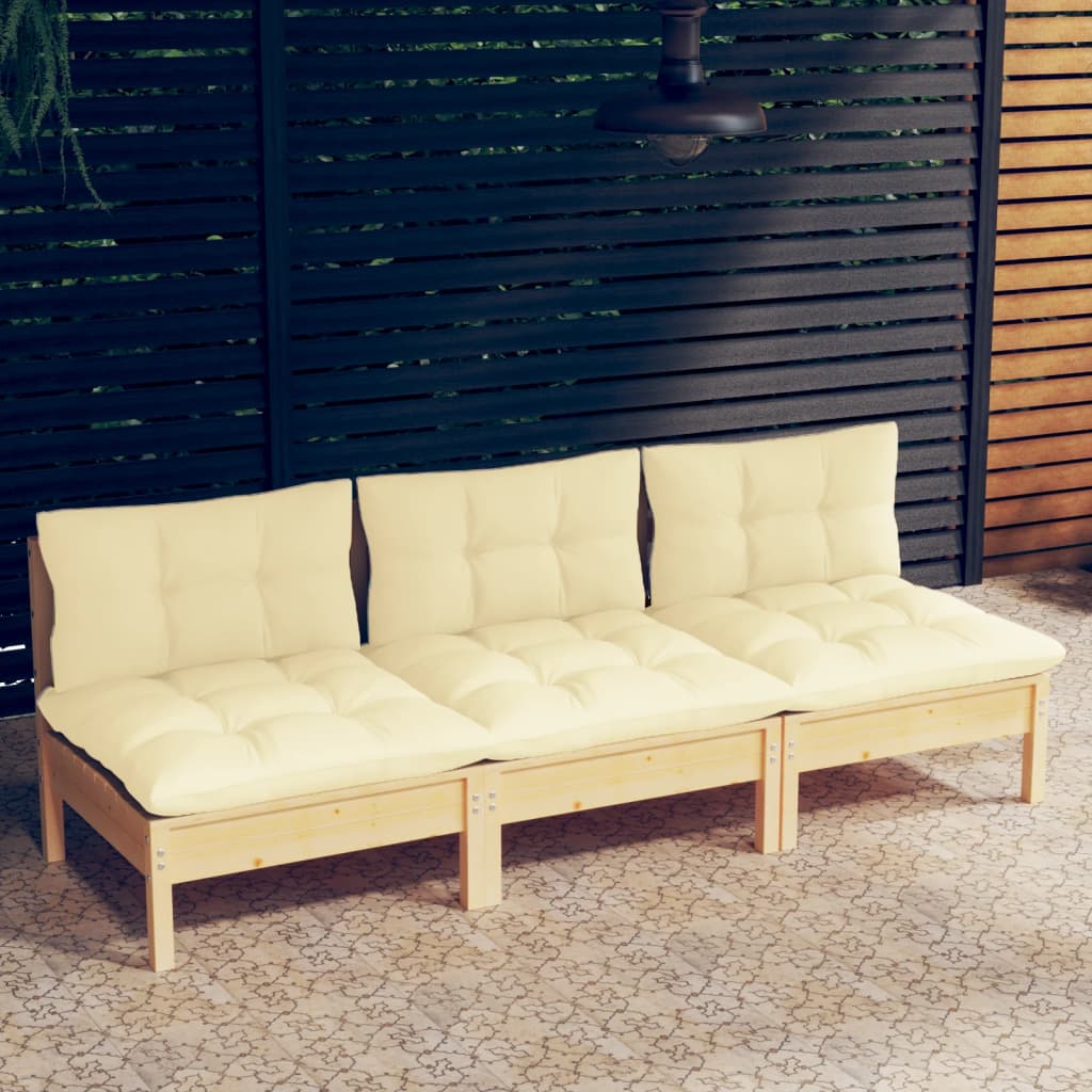 vidaXL 3-Seater Patio Sofa with Cream Cushions Solid Pinewood