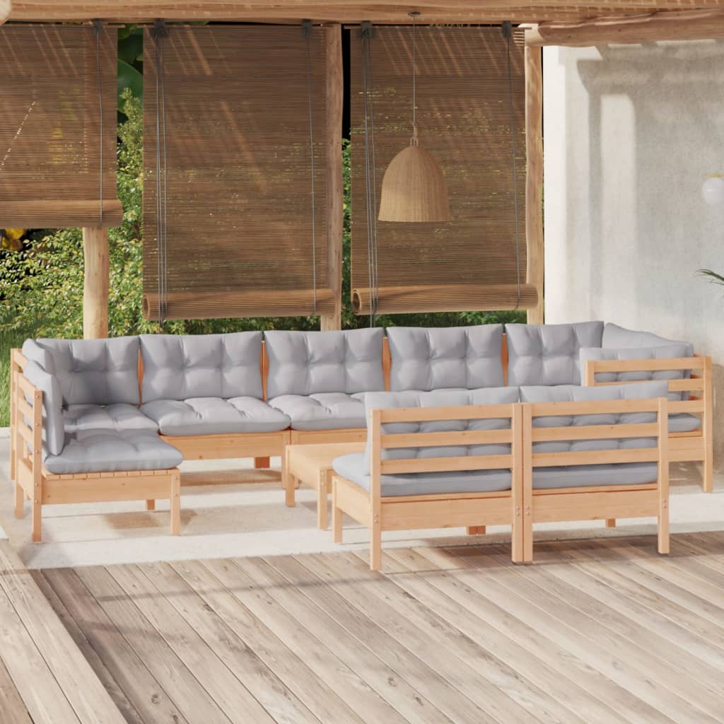 vidaXL 10 Piece Patio Lounge Set with Gray Cushions Solid Pinewood