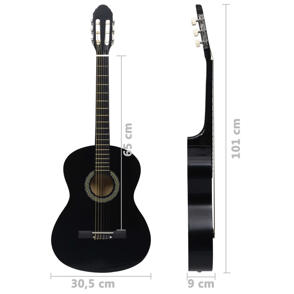 vidaXL 12 Piece Classical Guitar Beginner Set Black 4/4 39"