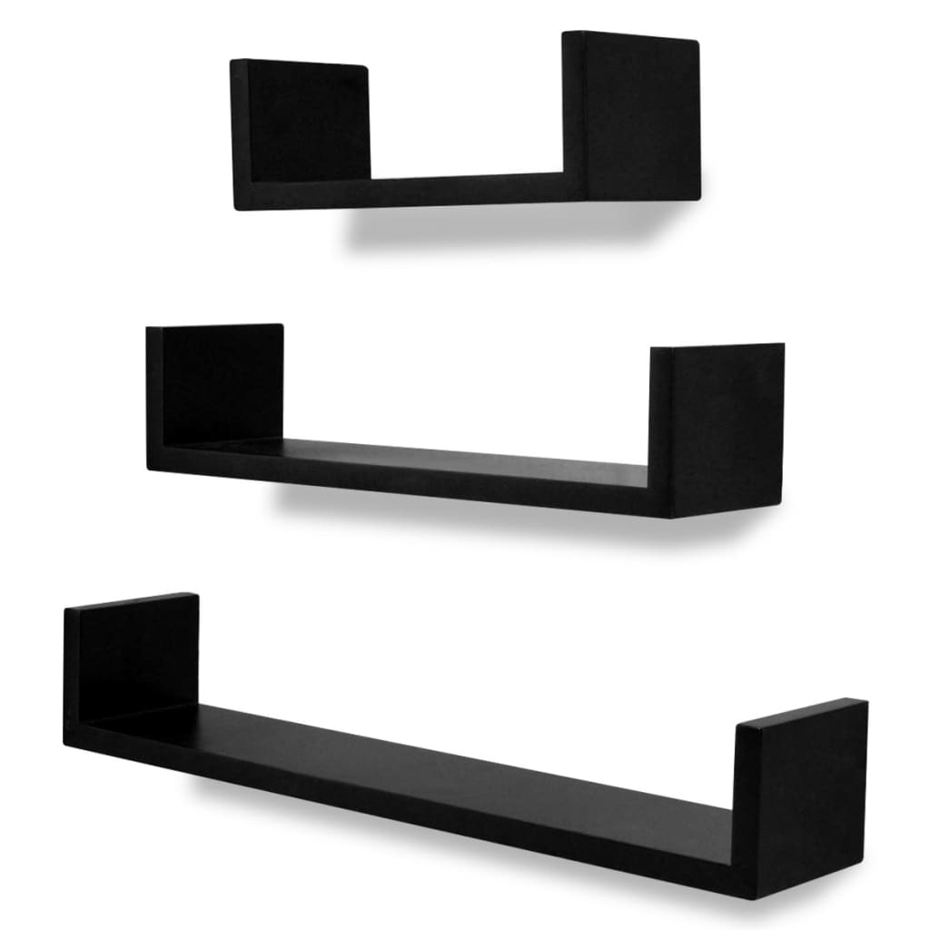 3 Black MDF U-Shaped Floating Wall Display Shelves Book/DVD Storage