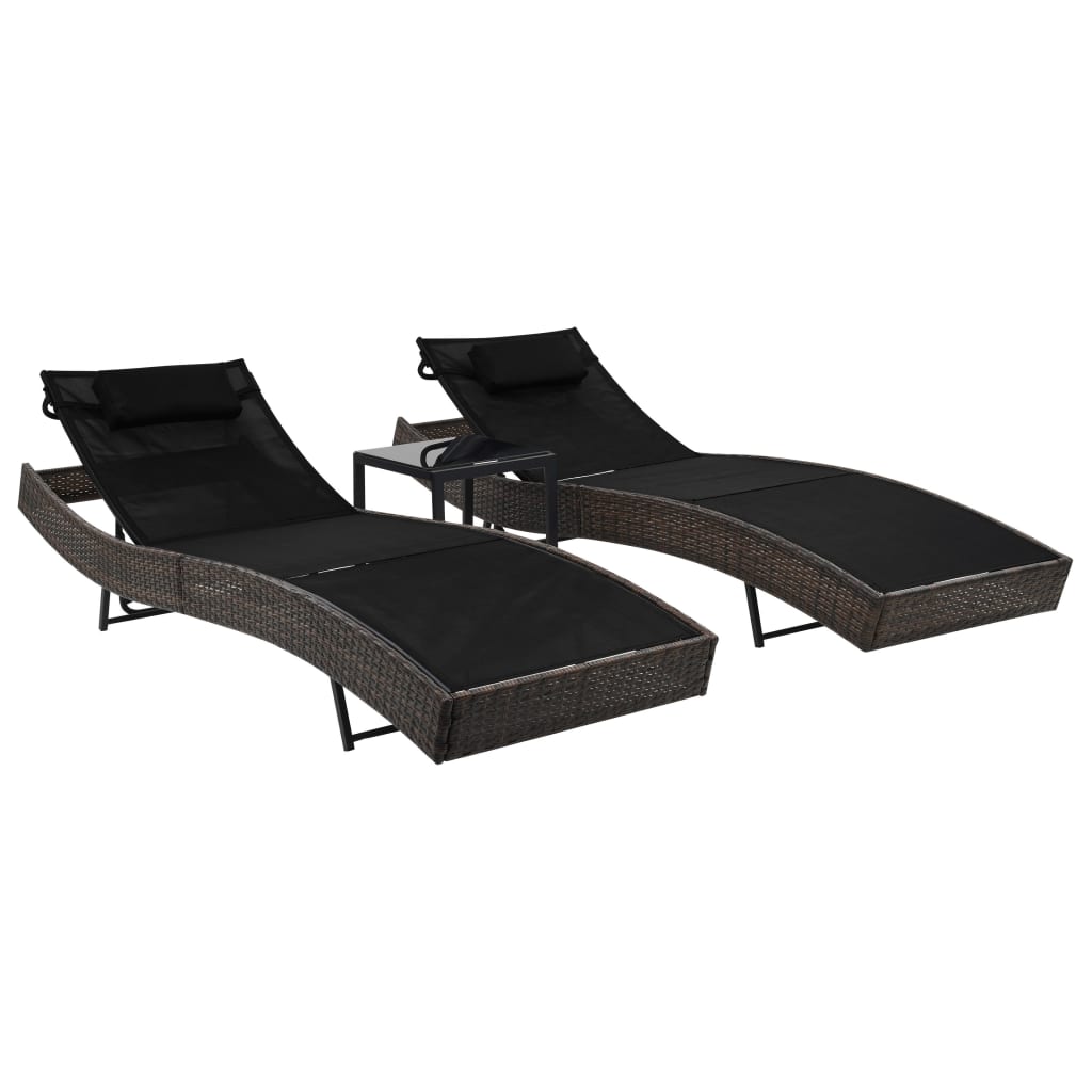 vidaXL Sun Loungers 2 pcs with Table Poly Rattan and Textilene Brown