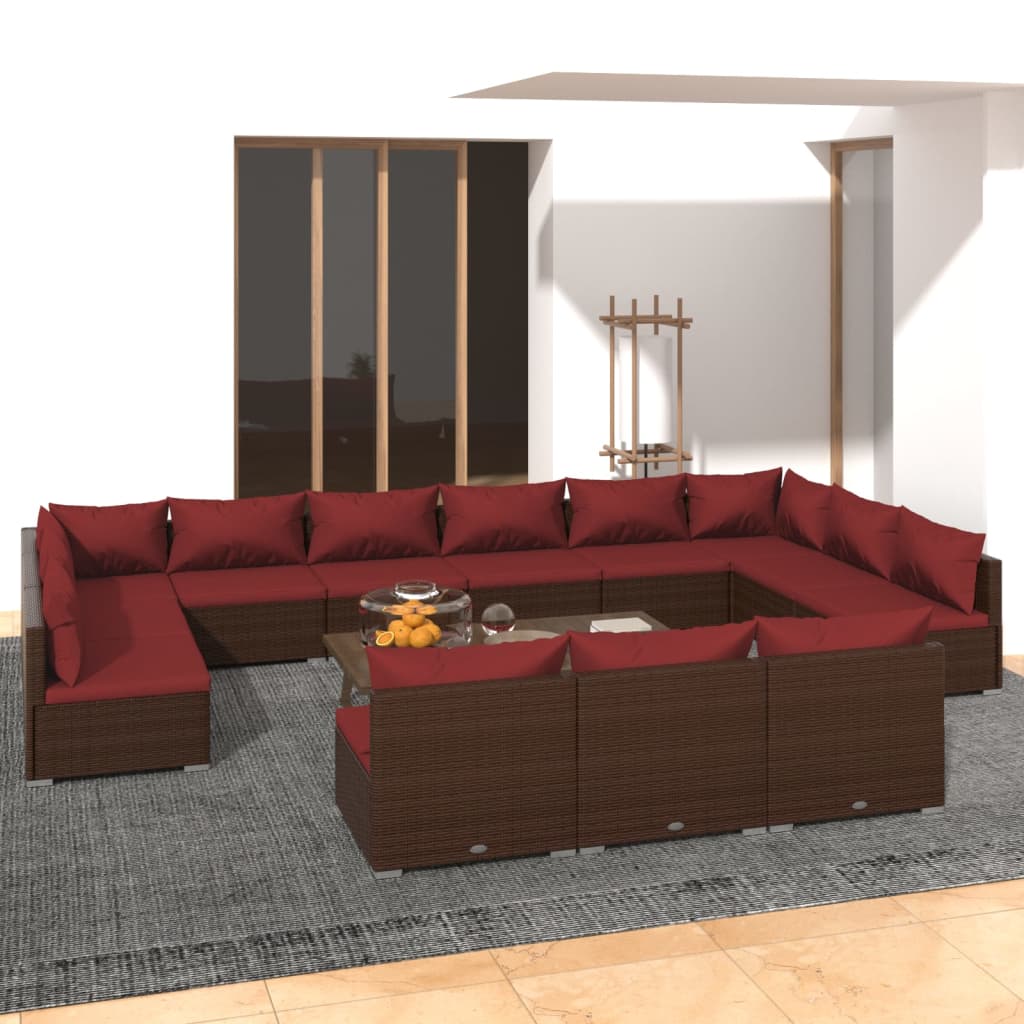 vidaXL 13 Piece Patio Lounge Set with Cushions Brown Poly Rattan