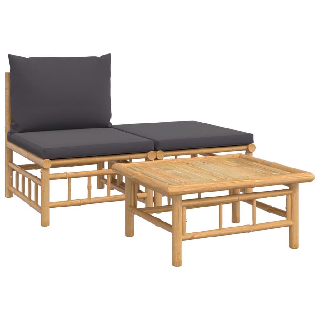 vidaXL 3 Piece Patio Lounge Set with Dark Gray Cushions Bamboo