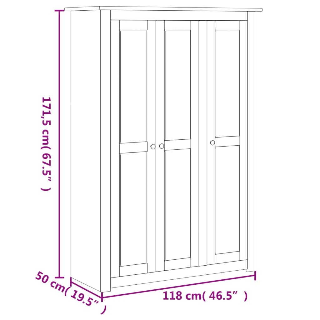 vidaXL 3-Door Wardrobe Gray 46.5"x19.7"x67.5" Pine Panama Range