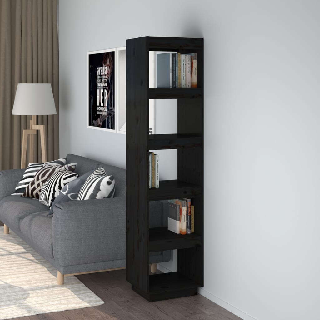 vidaXL Book Cabinet/Room Divider Black 15.7"x13.8"x65.7" Solid Wood Pine