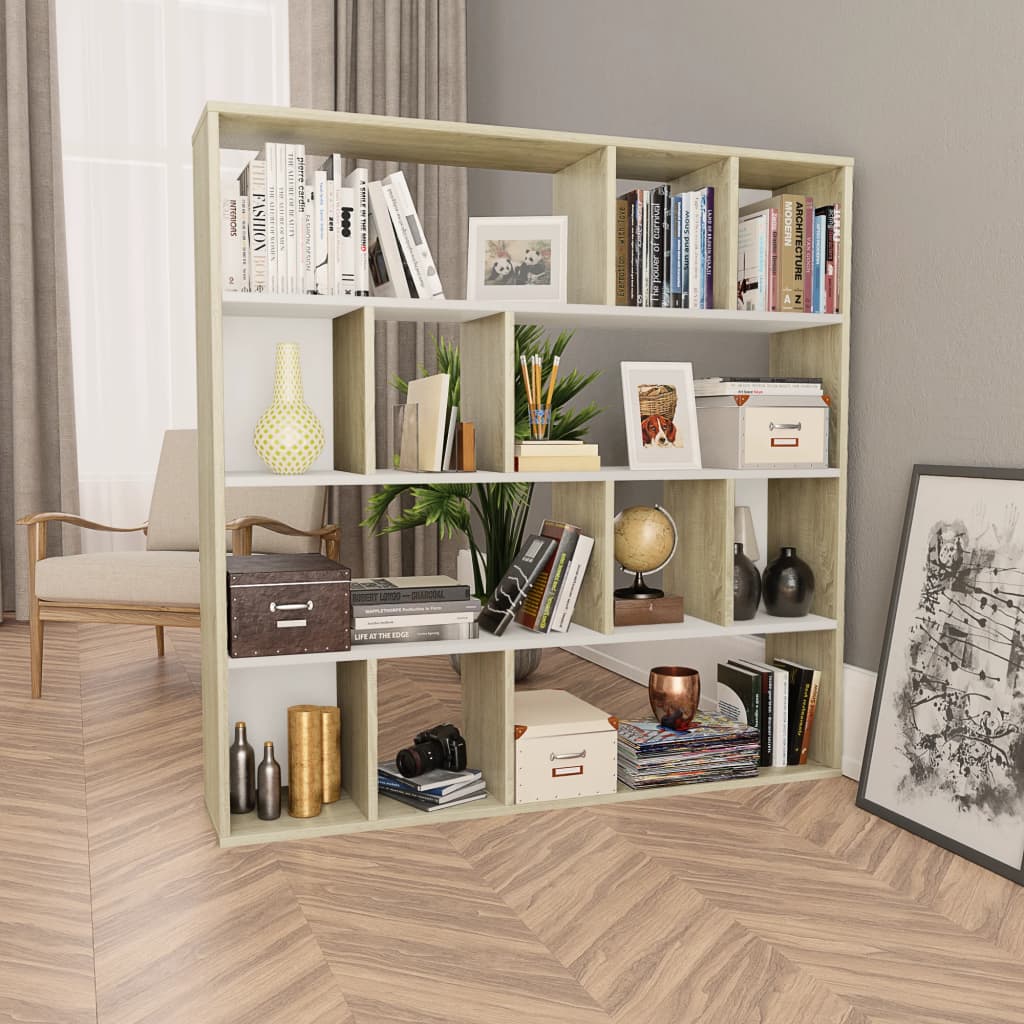 vidaXL Room Divider/Book Cabinet White and Sonoma Oak 43.3"x9.4"x43.3" Engineered Wood