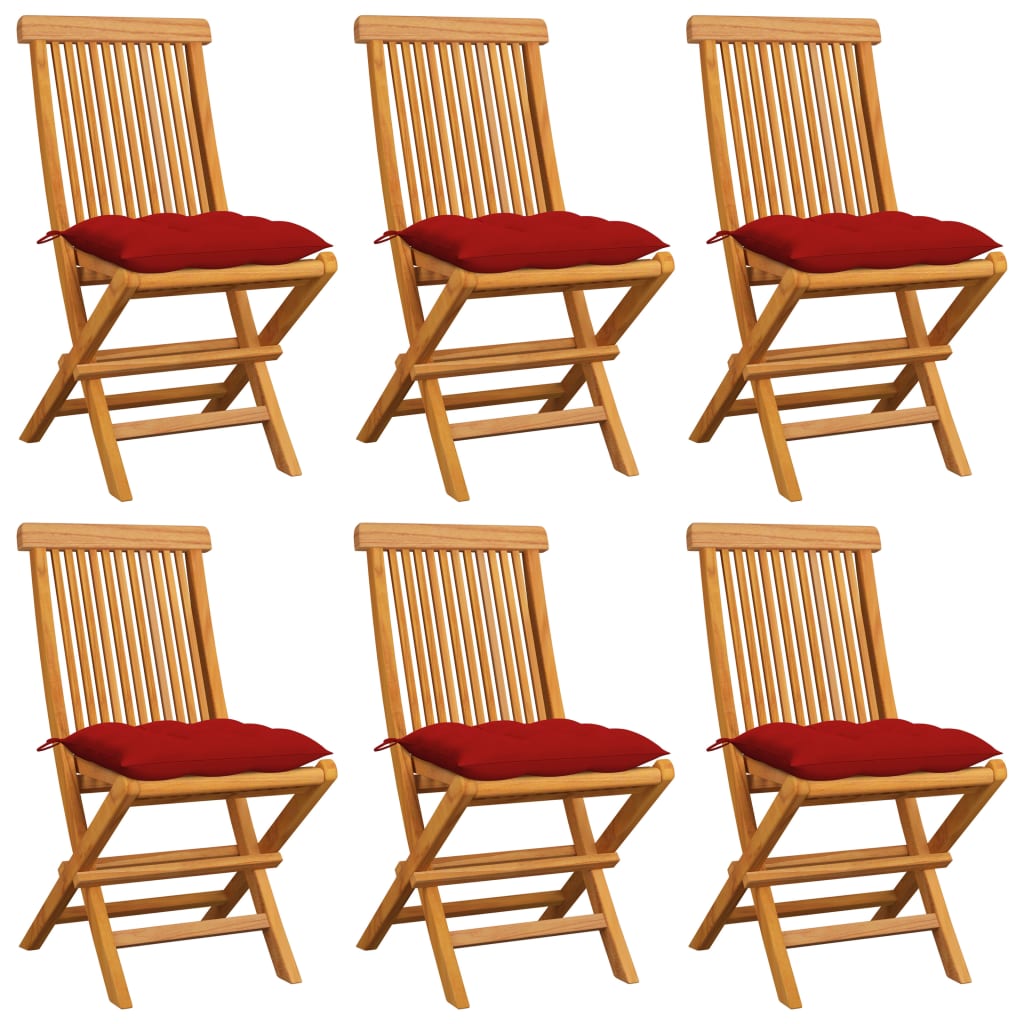 vidaXL Patio Chairs with Red Cushions 6 pcs Solid Teak Wood