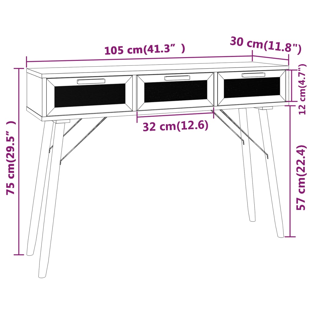 vidaXL Console Table Black 41.3"x11.8"x29.5" Solid Wood Pine&Natural Rattan