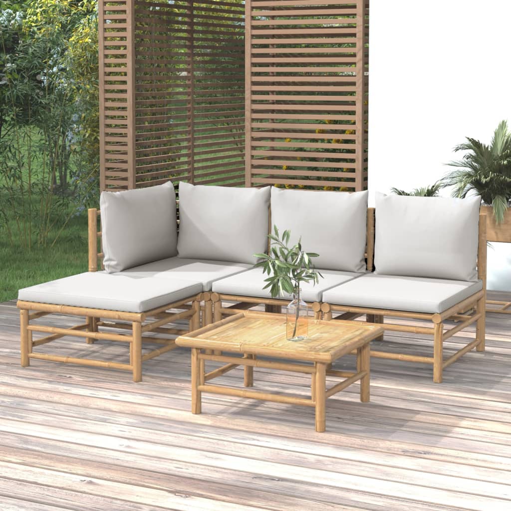 vidaXL 5 Piece Patio Lounge Set with Light Gray Cushions Bamboo