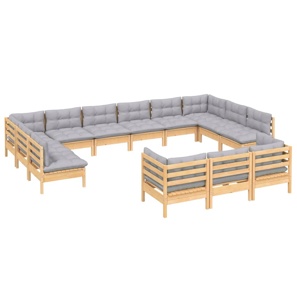 vidaXL 13 Piece Patio Lounge Set with Gray Cushions Pinewood
