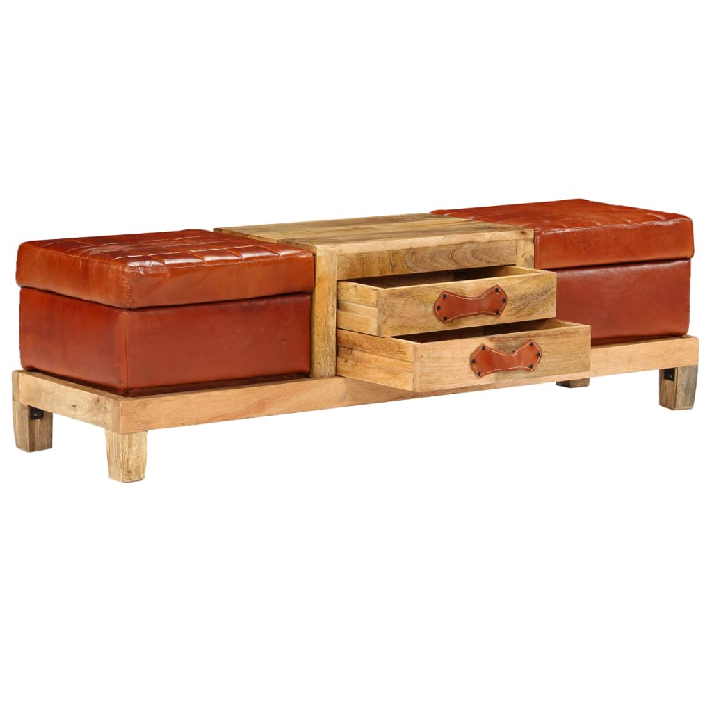 vidaXL Storage Bench Solid Mango Wood Real Leather 47.2"x14.2"x14.2"