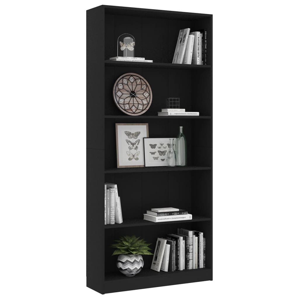 vidaXL 5-Tier Book Cabinet Black 31.5"x9.4"x68.9" Engineered Wood