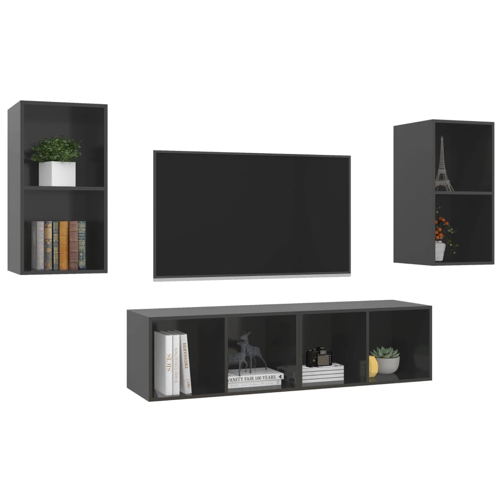 vidaXL Wall-mounted TV Cabinets 4 pcs High Gloss Gray Engineered Wood