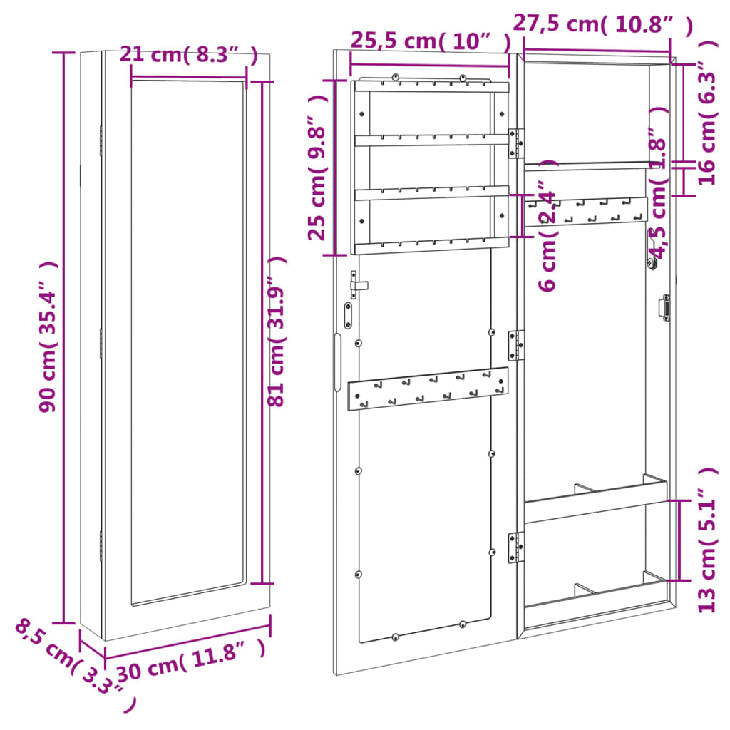 vidaXL Mirror Jewelry Cabinet Wall Mounted White 11.8"x3.3"x35.4"