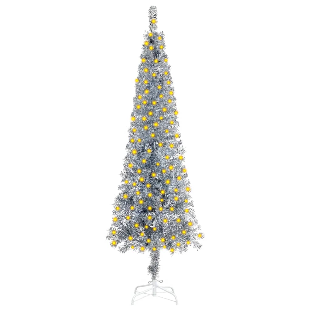 vidaXL Slim Christmas Tree with LEDs Silver 59.1"