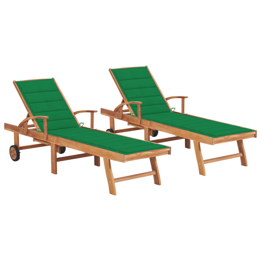 vidaXL Sun Loungers 2 pcs with Green Cushion Solid Teak Wood
