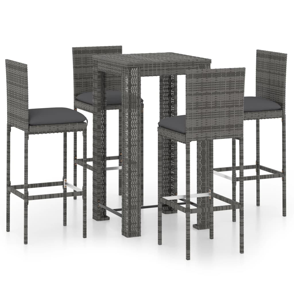 vidaXL 5 Piece Patio Bar Set with Cushions Poly Rattan Gray