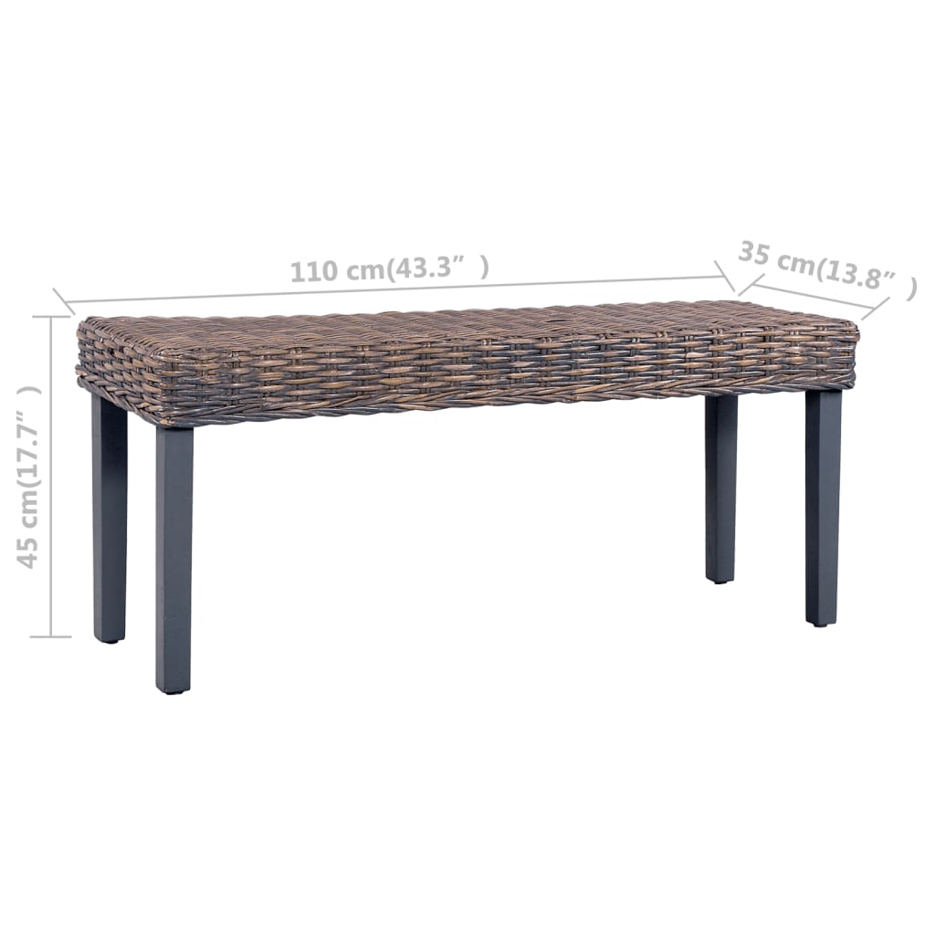 vidaXL Bench 43.3" Gray Natural Kubu Rattan and Solid Mango Wood