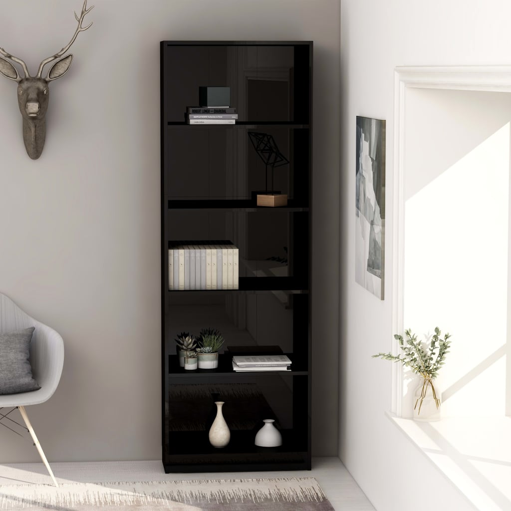 vidaXL 5-Tier Book Cabinet High Gloss Black 23.6"x9.4"x68.9" Engineered Wood