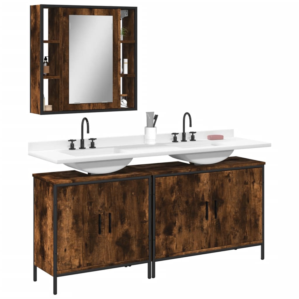 vidaXL 3 Piece Bathroom Cabinet Set Smoked Oak Engineered Wood | vidaXL.com