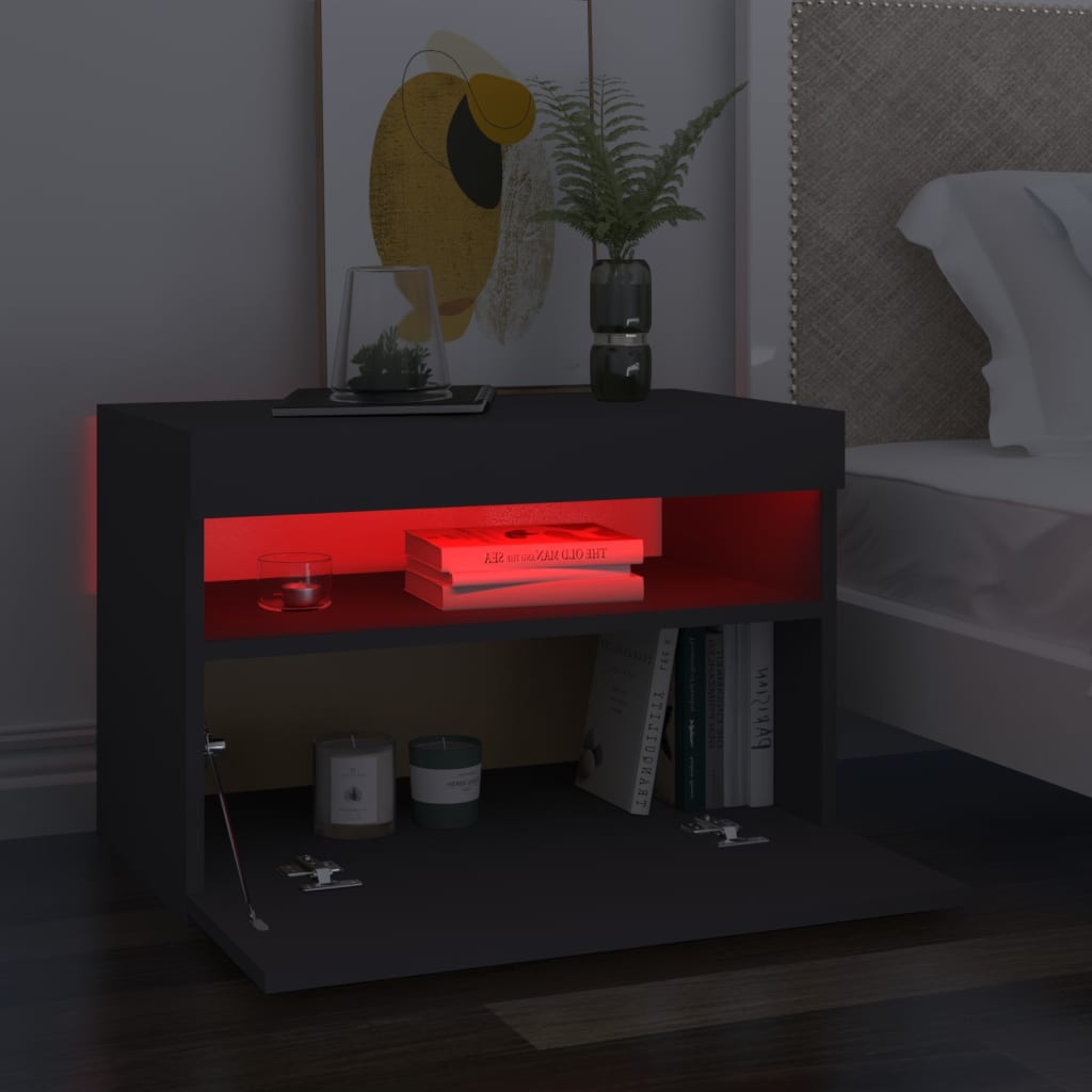 vidaXL Bedside Cabinet & LED Lights 2 pcs Gray 23.6"x13.8"x15.7" Engineered Wood