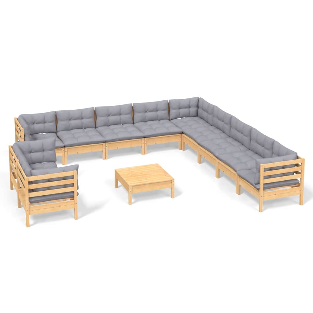 vidaXL 12 Piece Patio Lounge Set with Gray Cushions Solid Pinewood