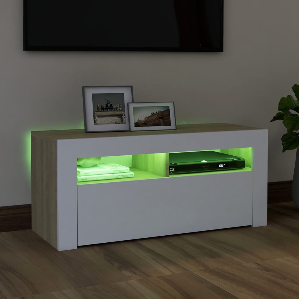 vidaXL TV Cabinet with LED Lights White and Sonoma Oak 35.4"x13.8"x15.7"