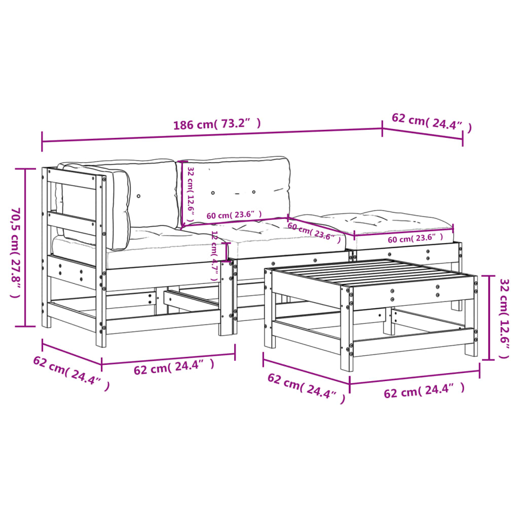 vidaXL 4 Piece Patio Lounge Set with Cushions Solid Wood