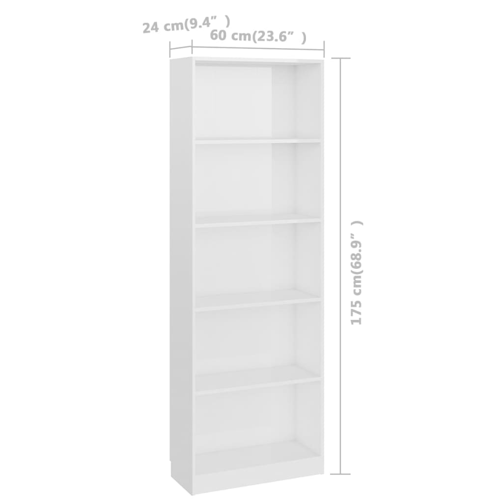 vidaXL 5-Tier Book Cabinet High Gloss White 23.6"x9.4"x68.9" Engineered Wood