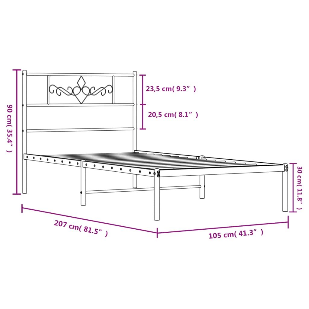 vidaXL Metal Bed Frame with Headboard Black 39.4"x78.7"