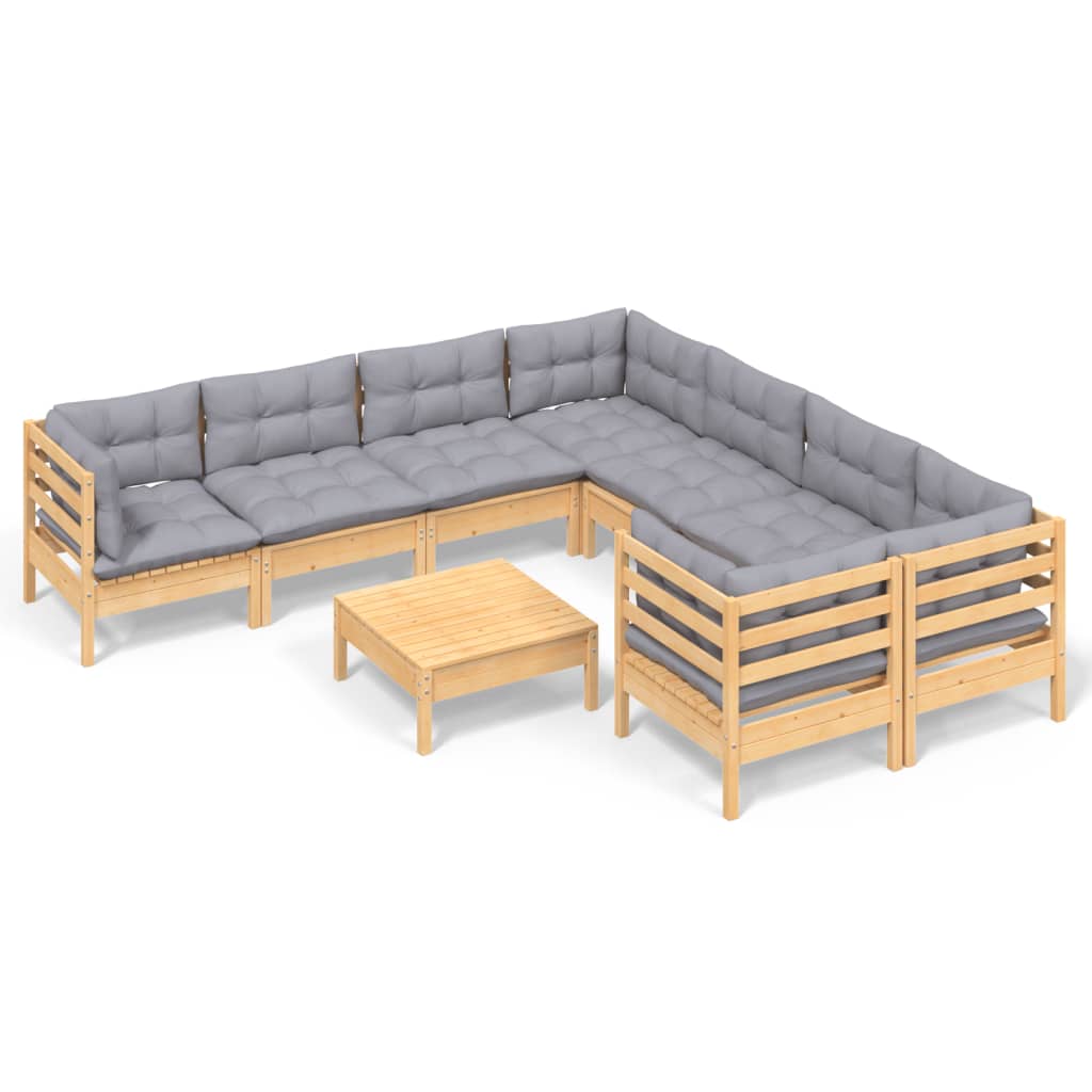 vidaXL 9 Piece Patio Lounge Set with Gray Cushions Pinewood