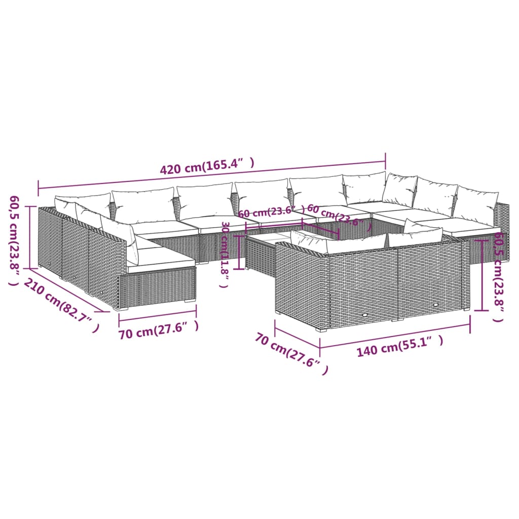 vidaXL 13 Piece Patio Lounge Set with Cushions Gray Poly Rattan