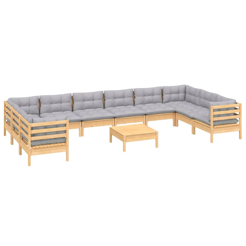 vidaXL 11 Piece Patio Lounge Set with Gray Cushions Pinewood