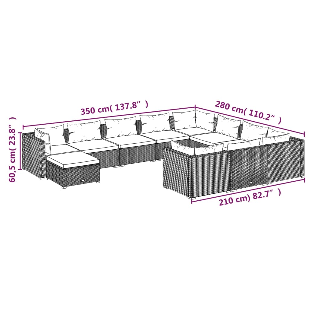 vidaXL 11 Piece Patio Lounge Set with Cushions Poly Rattan Brown