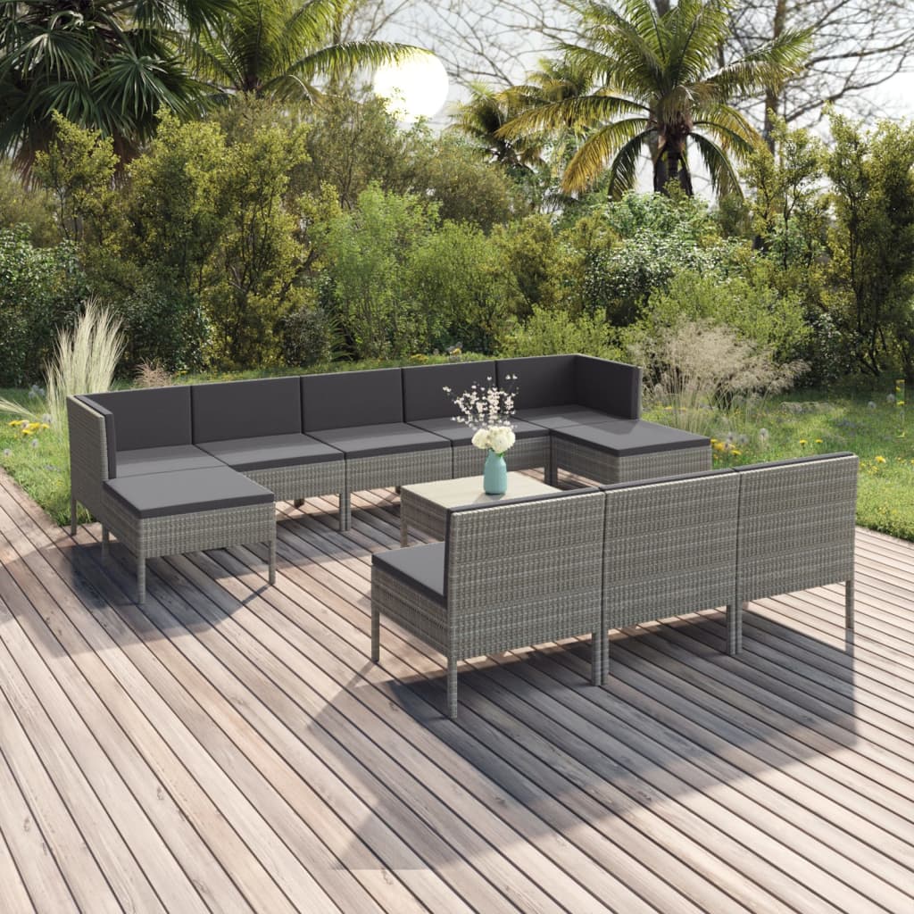 vidaXL 11 Piece Patio Lounge Set with Cushions Poly Rattan Gray