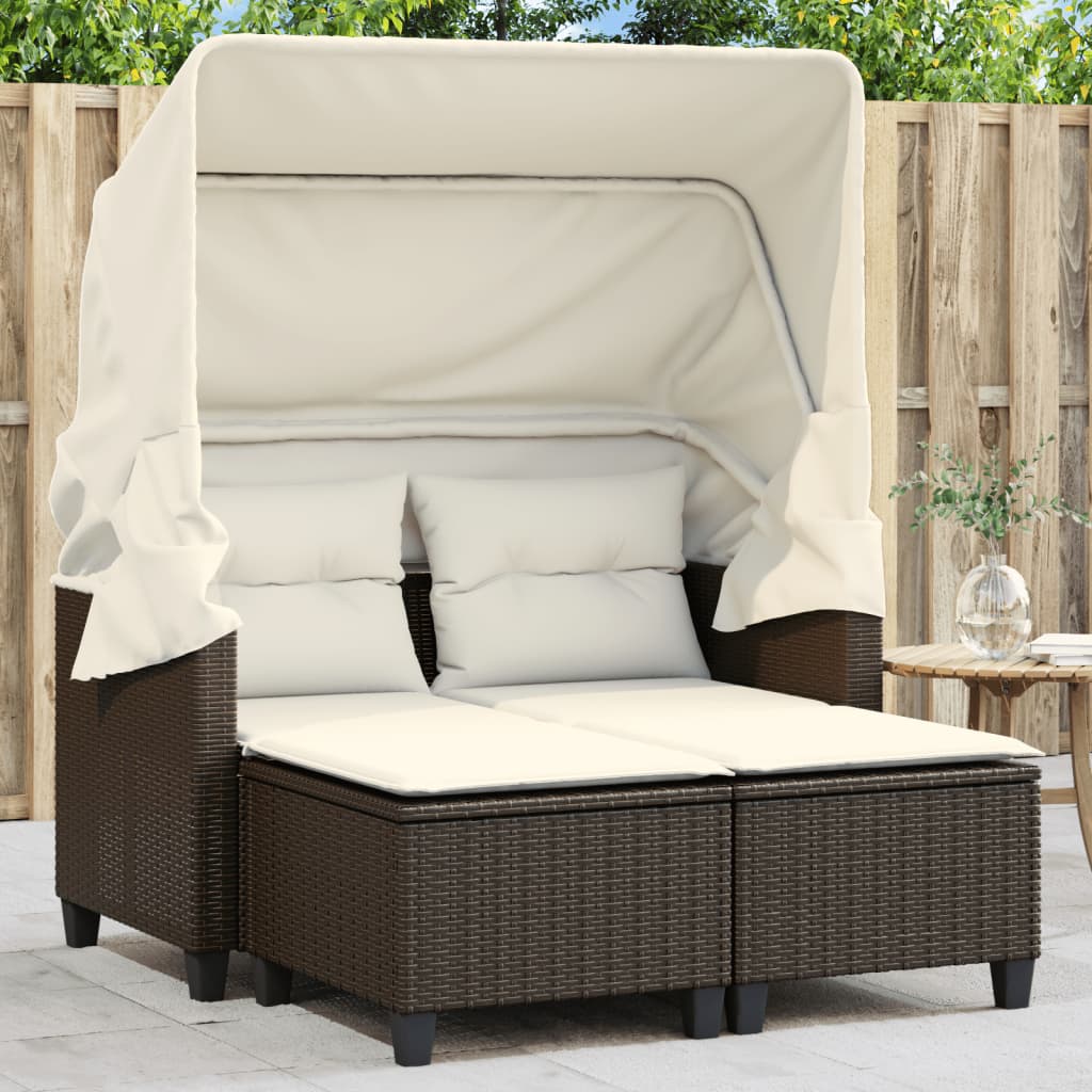 vidaXL Patio Sofa 2-Seater with Canopy and Stools Brown Poly Rattan