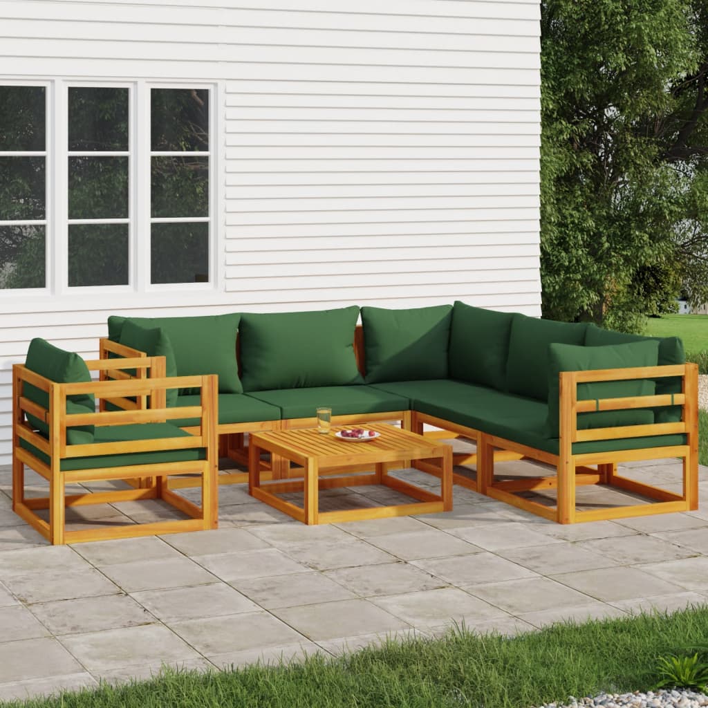 vidaXL 7 Piece Patio Lounge Set with Green Cushions Solid Wood