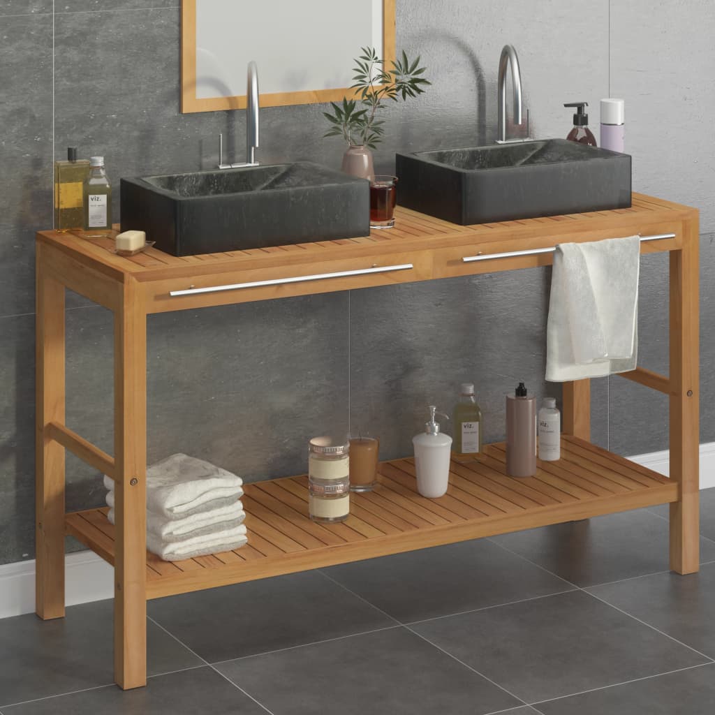 vidaXL Bathroom Vanity Cabinet Solid Teak with Sinks Marble Black