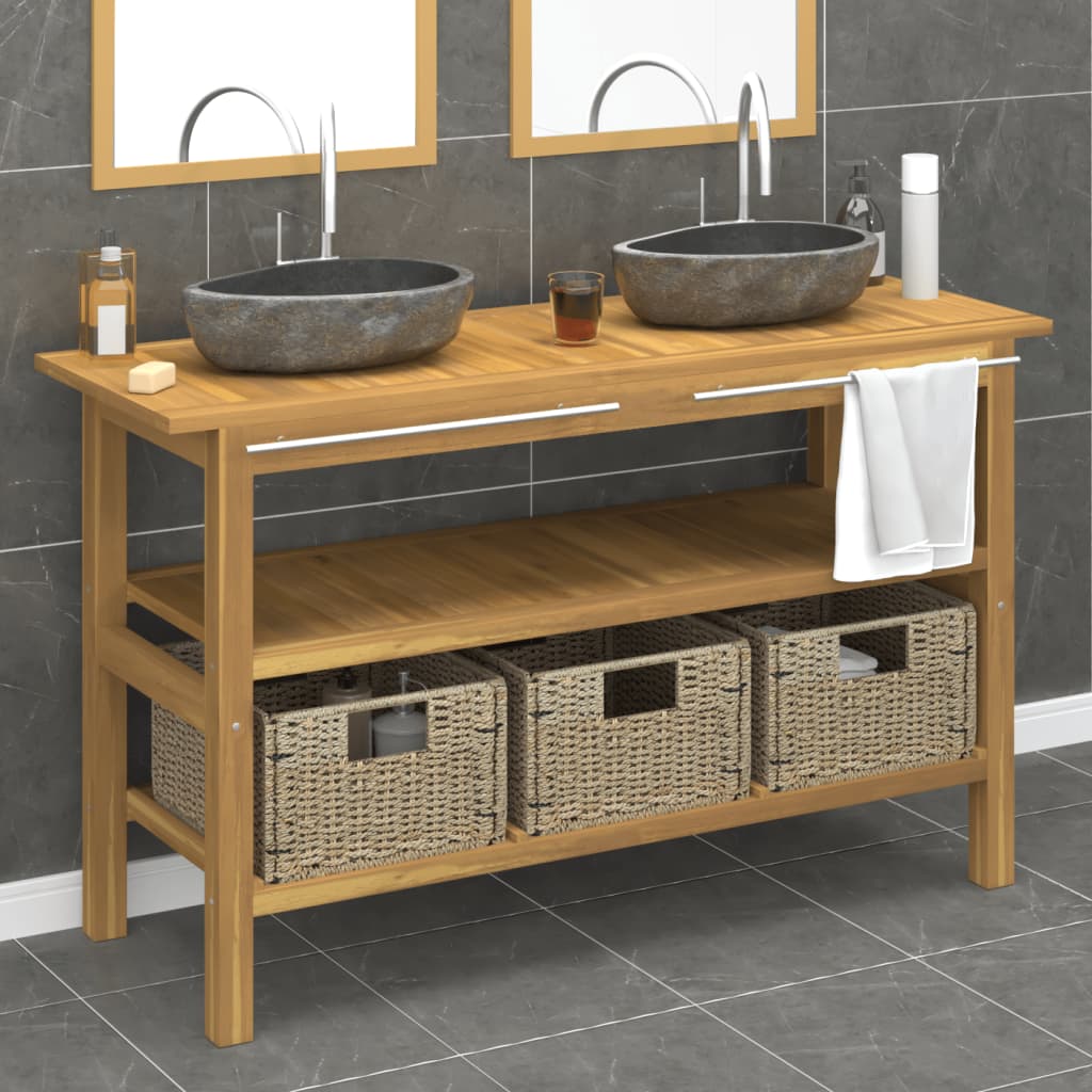 vidaXL Bathroom Vanity Cabinet with River Stone Sinks Solid Wood Teak