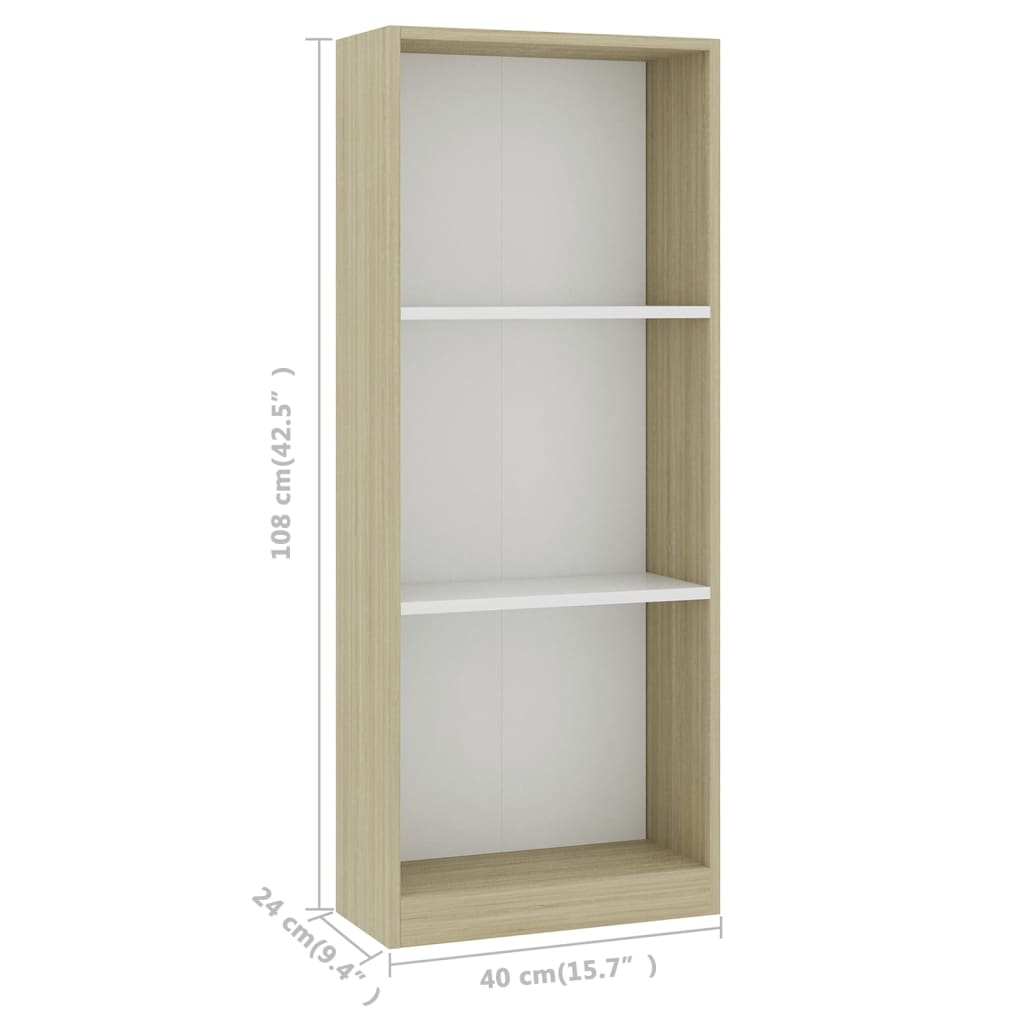 vidaXL 3-Tier Book Cabinet White and Sonoma Oak 15.7"x9.4"x42.5" Engineered Wood