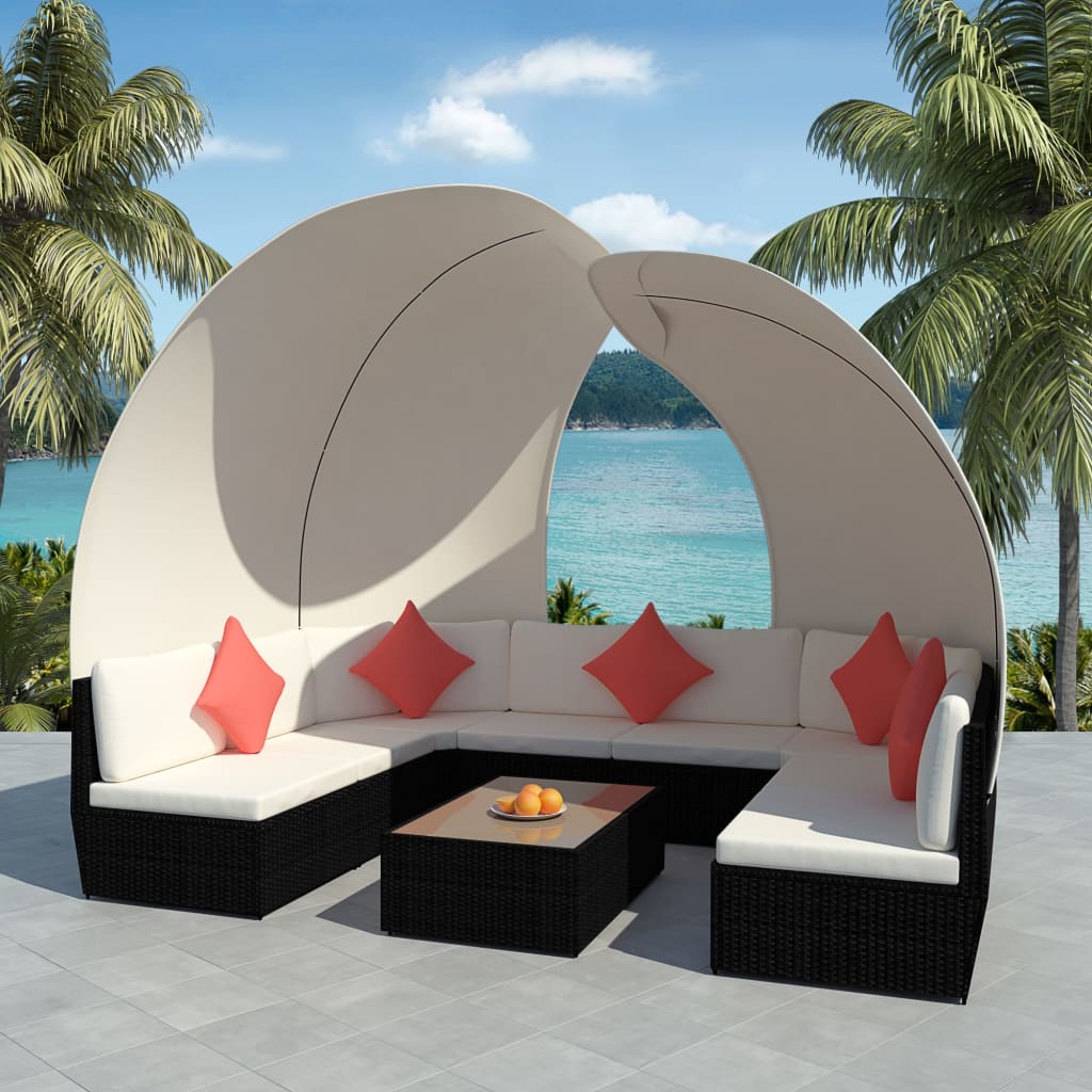 vidaXL 9 Piece Patio Lounge Set with Canopies Poly Rattan Black