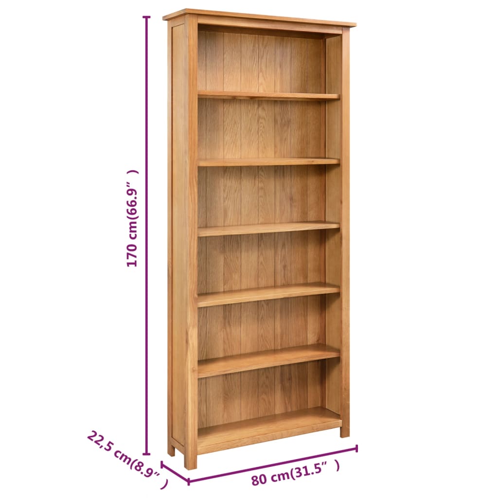 vidaXL 6-Tier Bookcase 31.5"x8.9"x66.9" Solid Oak Wood