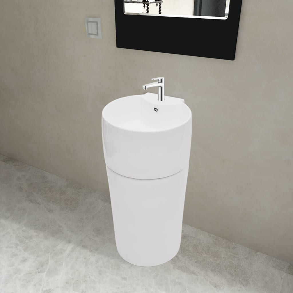 vidaXL Stand Bathroom Basin with Overflow & Faucet Hole Ceramic White