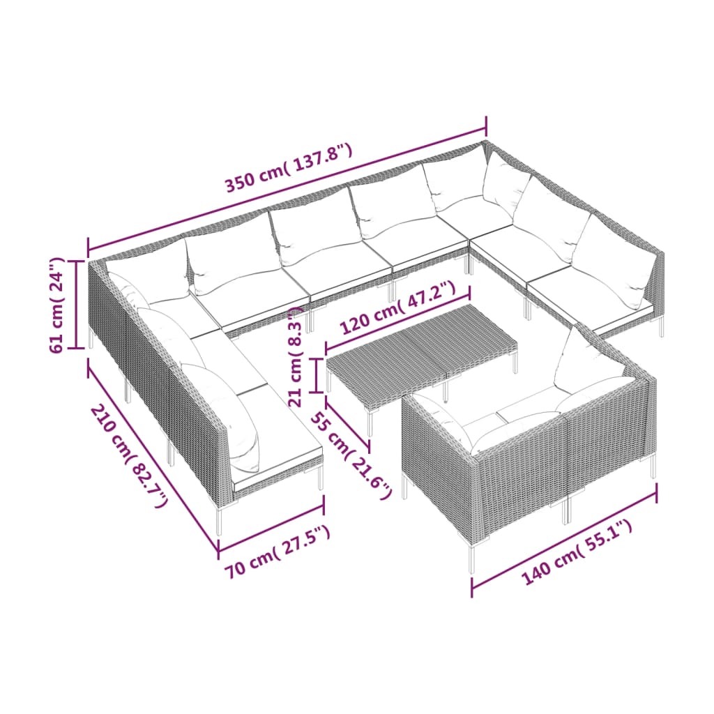 vidaXL 12 Piece Patio Lounge Set with Cushions Poly Rattan Dark Gray