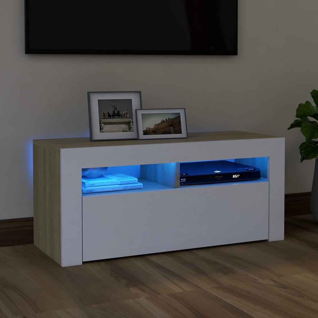 vidaXL TV Cabinet with LED Lights White and Sonoma Oak 35.4"x13.8"x15.7"