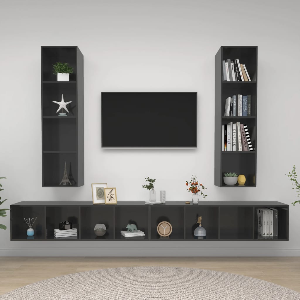 vidaXL Wall-mounted TV Stands 4 Pcs High Gloss Gray Engineered Wood